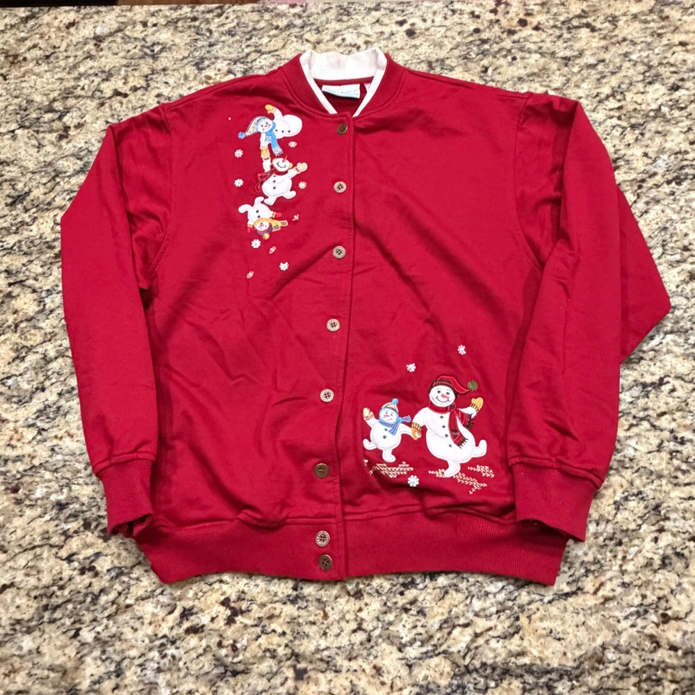 Alfred Dunner Red Snowman Embroidered Button Front Sweatshirt Cardigan Petite M